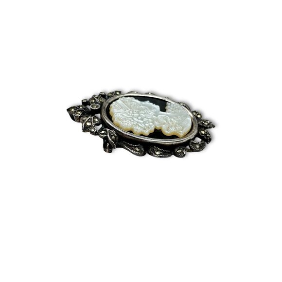 Art Deco Sterling Silver Cameo Brooch Pendant Marcasite Mother Of Pearl - Picture 11 of 11